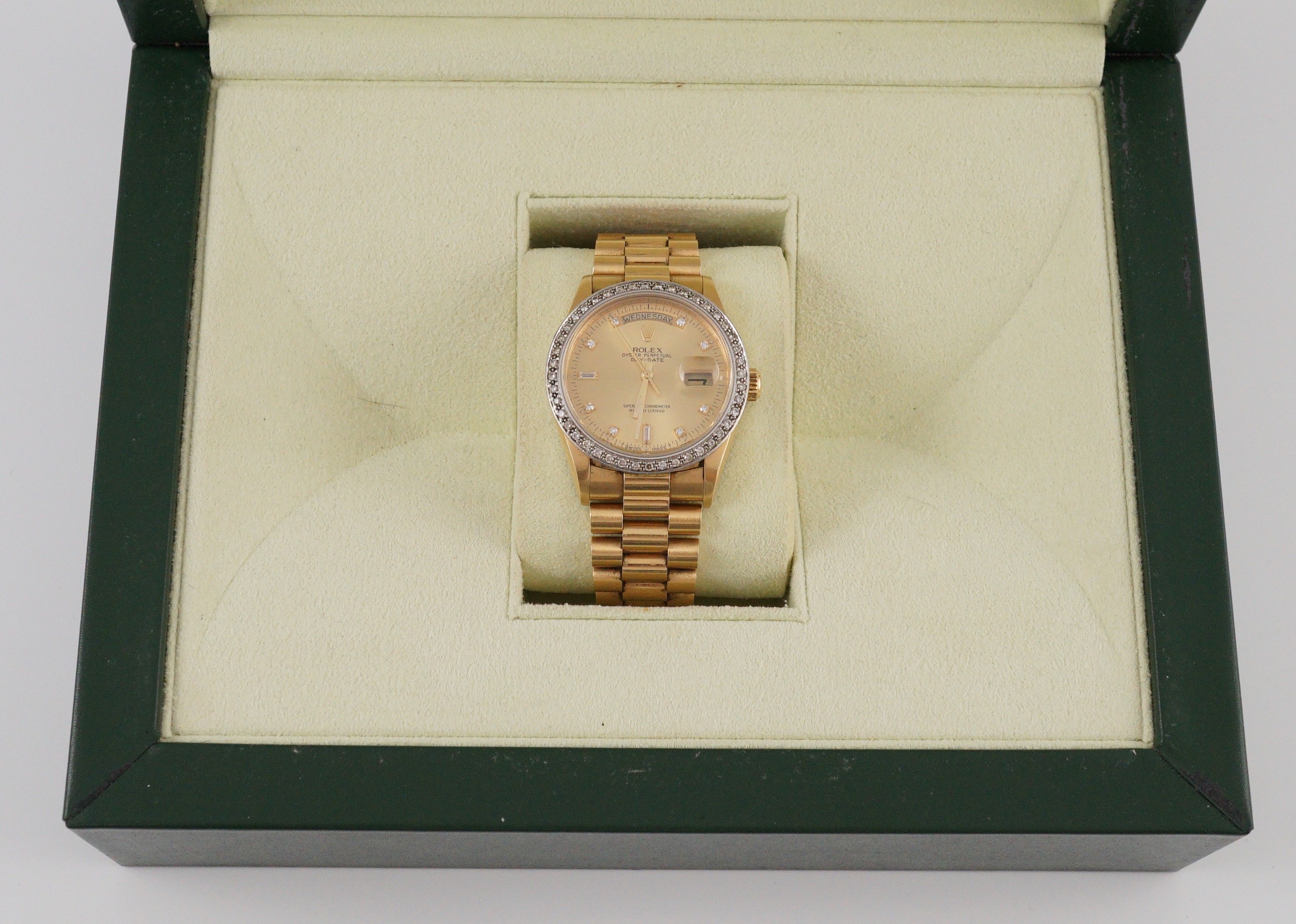 A gentleman's 1980's 18ct gold and diamond set Rolex Oyster Perpetual Day-Date wrist watch